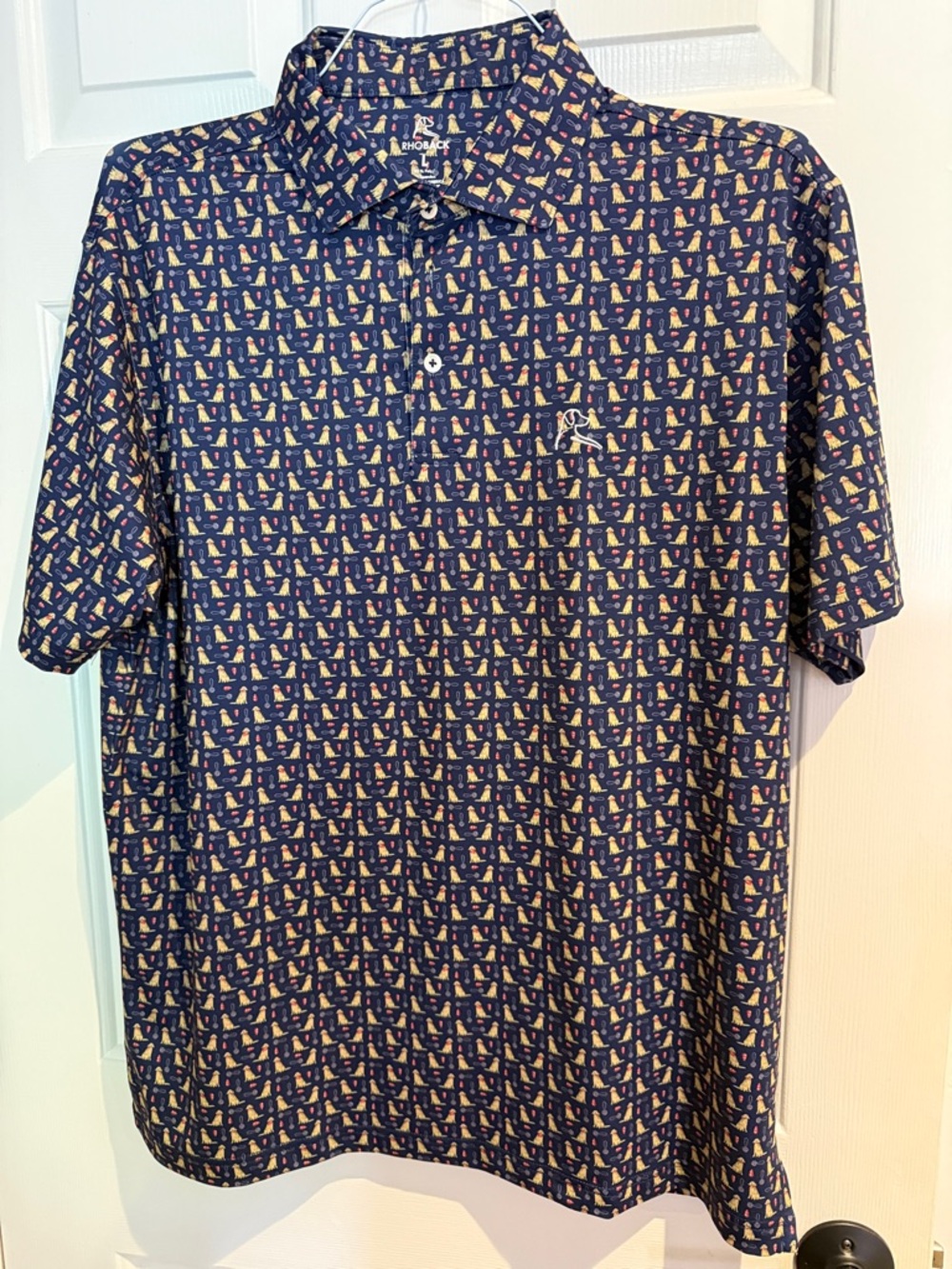NWOT! Rhoback Navy Polo with golden retriever Print